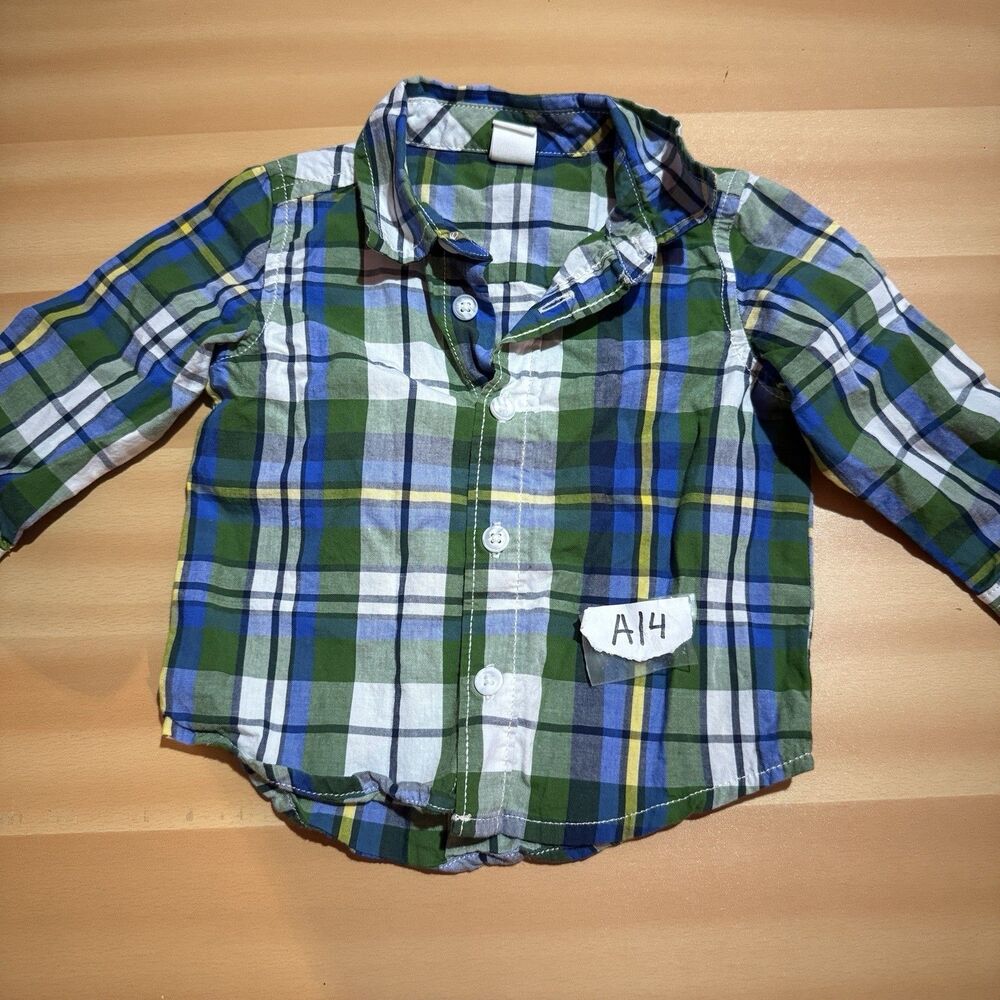 3/$15 Old Navy Baby Boy Button Up Shirt 6-12 Months Green Blue Plaid Collared
